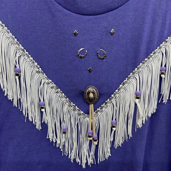 Vintage 80s Cowgirl Glam‎ Fringe Tee Purple Studded Western Rodeo Top M Boho - Picture 2 of 7